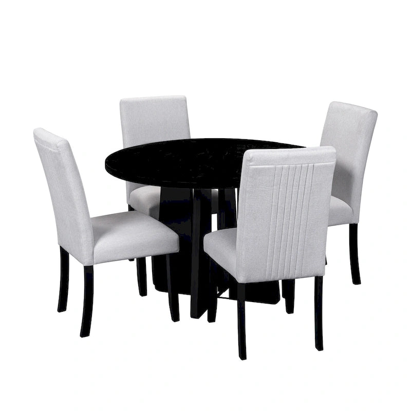 Juego de mesa de comedor redonda de 5 piezas beige/gris y negra, con capacidad para 4 personas