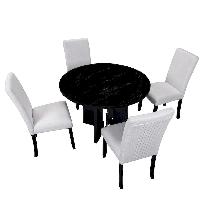 Juego de mesa de comedor redonda de 5 piezas beige/gris y negra, con capacidad para 4 personas