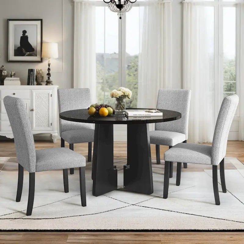 Juego de mesa de comedor redonda de 5 piezas beige/gris y negra, con capacidad para 4 personas