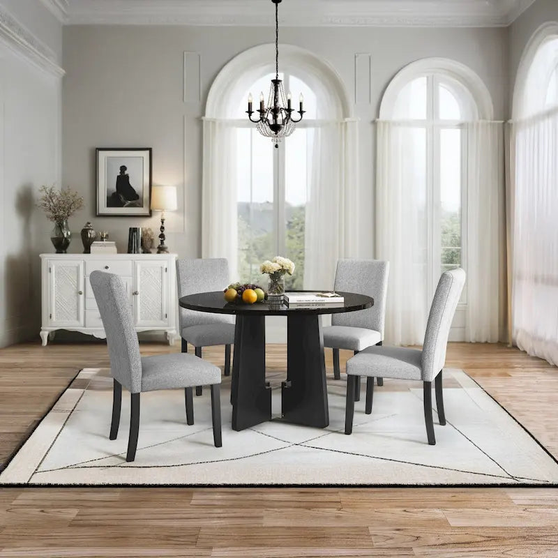 Juego de mesa de comedor redonda de 5 piezas beige/gris y negra, con capacidad para 4 personas