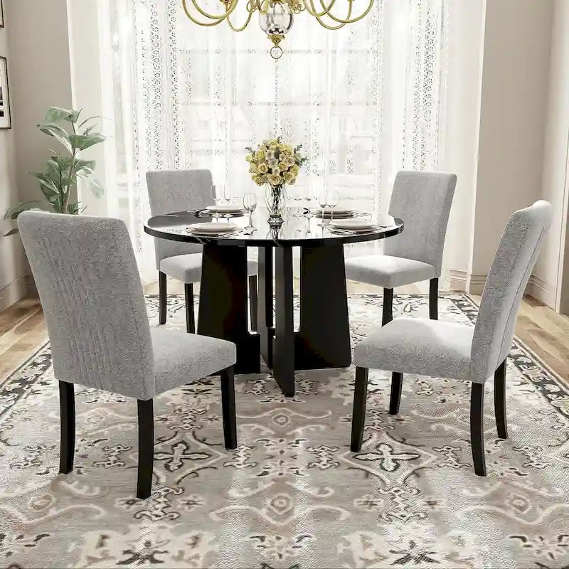 Juego de mesa de comedor redonda de 5 piezas beige/gris y negra, con capacidad para 4 personas