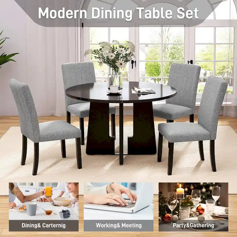 Juego de mesa de comedor redonda de 5 piezas beige/gris y negra, con capacidad para 4 personas