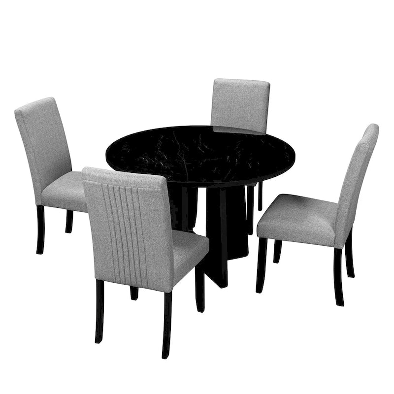 Juego de mesa de comedor redonda de 5 piezas beige/gris y negra, con capacidad para 4 personas