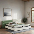 Cama plataforma tapizada King Size beige con baúl a los pies, 1 persona