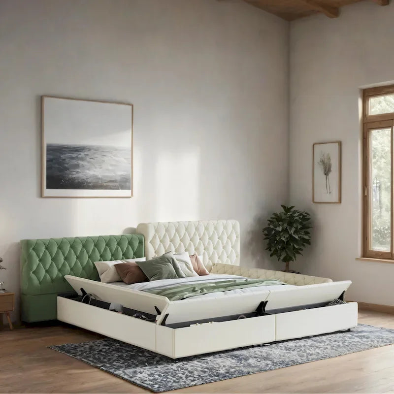 Cama plataforma tapizada King Size beige con baúl a los pies, 1 persona