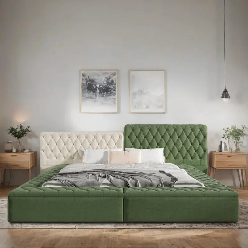 Cama plataforma tapizada King Size beige con baúl a los pies, 1 persona