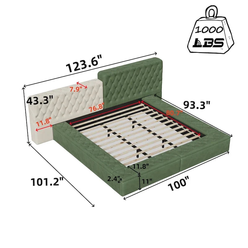Cama plataforma tapizada King Size beige con baúl a los pies, 1 persona