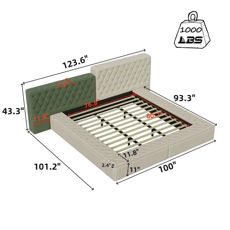 Cama plataforma tapizada King Size beige con baúl a los pies, 1 persona