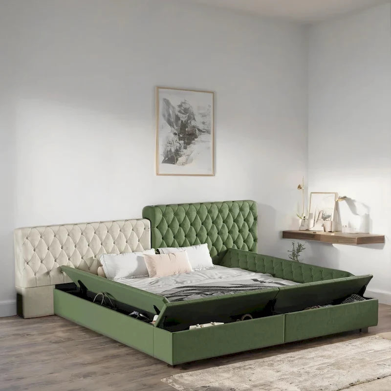 Cama plataforma tapizada King Size beige con baúl a los pies, 1 persona