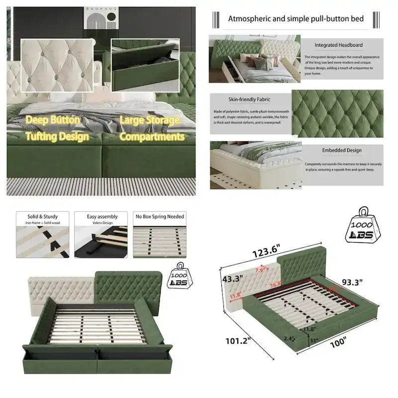 Cama plataforma tapizada King Size beige con baúl a los pies, 1 persona