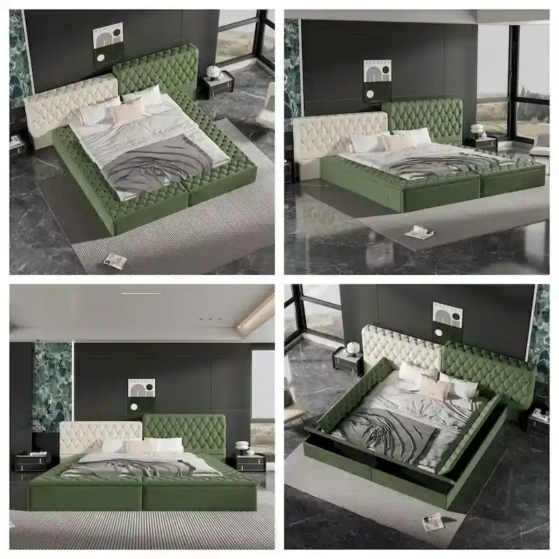 Cama plataforma tapizada King Size beige con baúl a los pies, 1 persona