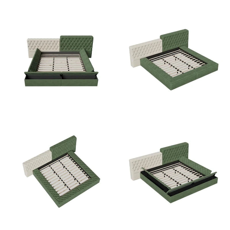 Cama plataforma tapizada King Size beige con baúl a los pies, 1 persona