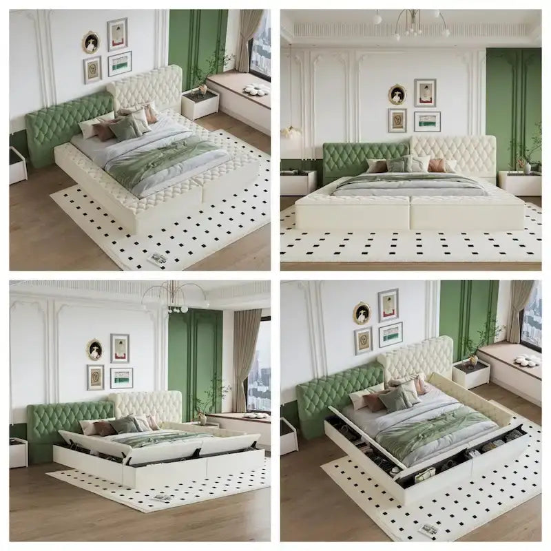 Cama plataforma tapizada King Size beige con baúl a los pies, 1 persona