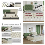 Cama plataforma tapizada King Size beige con baúl a los pies, 1 persona