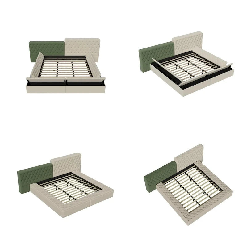 Cama plataforma tapizada King Size beige con baúl a los pies, 1 persona
