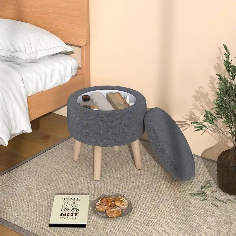 Puf otomano cuadrado beige con tapa de bandeja reversible, 1 persona