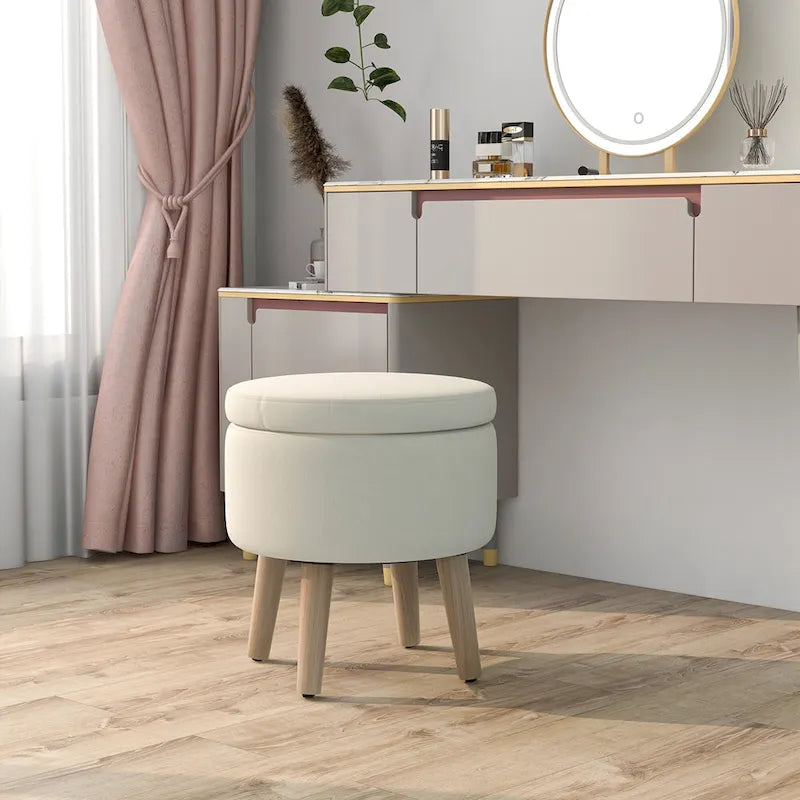 Puf otomano cuadrado beige con tapa de bandeja reversible, 1 persona