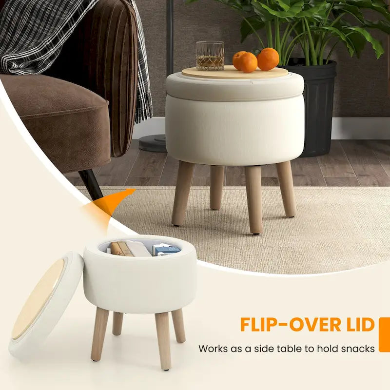 Puf otomano cuadrado beige con tapa de bandeja reversible, 1 persona