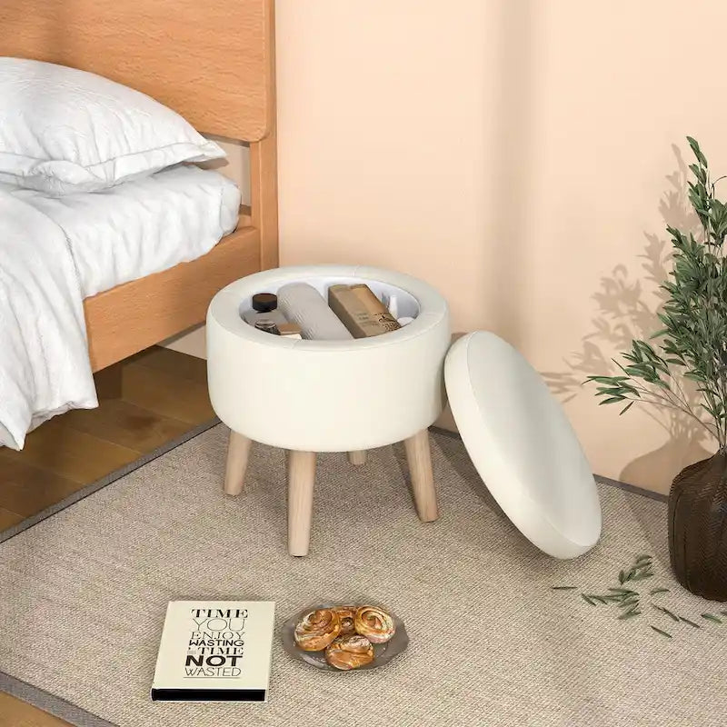 Puf otomano cuadrado beige con tapa de bandeja reversible, 1 persona