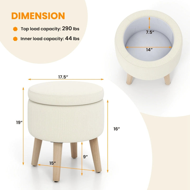 Puf otomano cuadrado beige con tapa de bandeja reversible, 1 persona