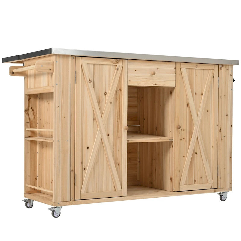 Isla de cocina exterior plegable de madera natural/negra/gris, 1 persona, madera de abeto y acero inoxidable
