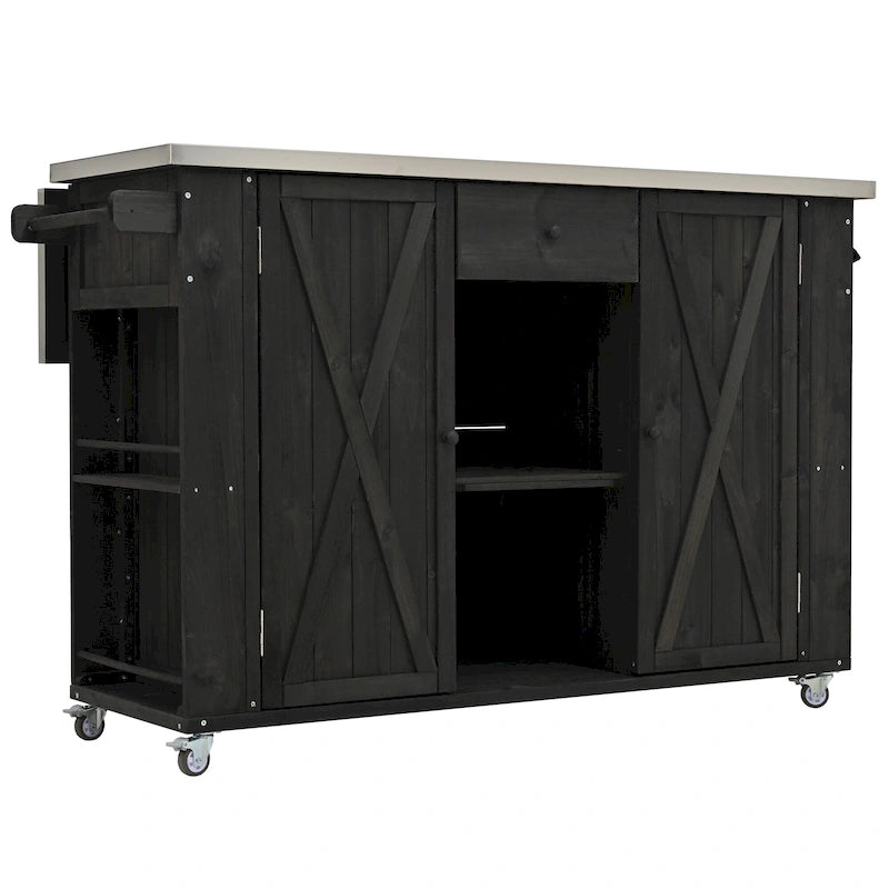 Isla de cocina exterior plegable de madera natural/negra/gris, 1 persona, madera de abeto y acero inoxidable