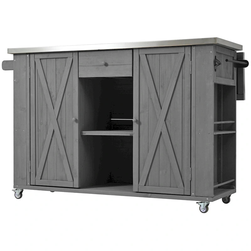 Isla de cocina exterior plegable de madera natural/negra/gris, 1 persona, madera de abeto y acero inoxidable