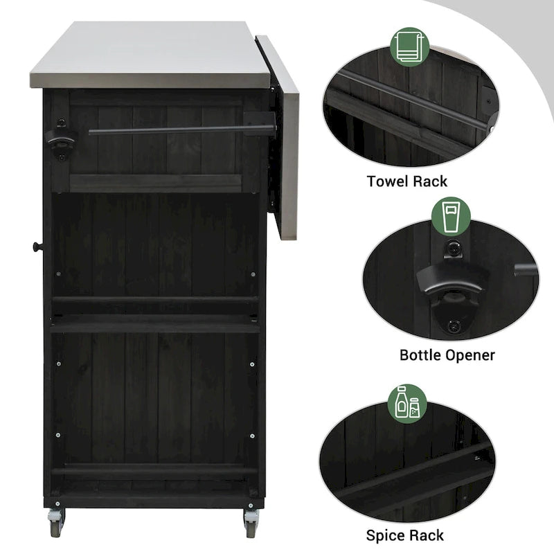 Isla de cocina exterior plegable de madera natural/negra/gris, 1 persona, madera de abeto y acero inoxidable