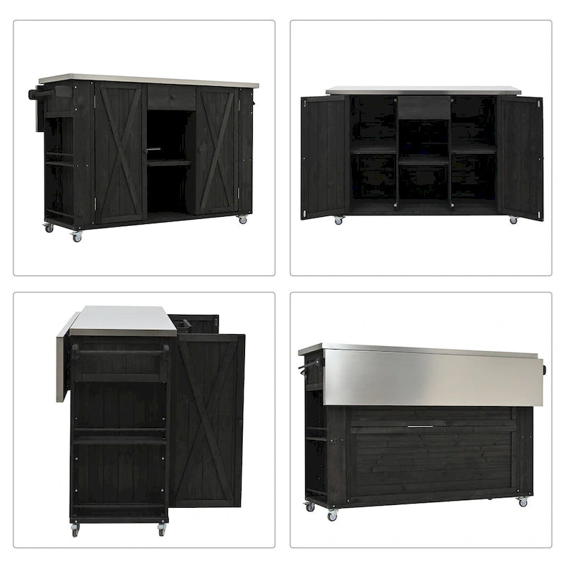 Isla de cocina exterior plegable de madera natural/negra/gris, 1 persona, madera de abeto y acero inoxidable