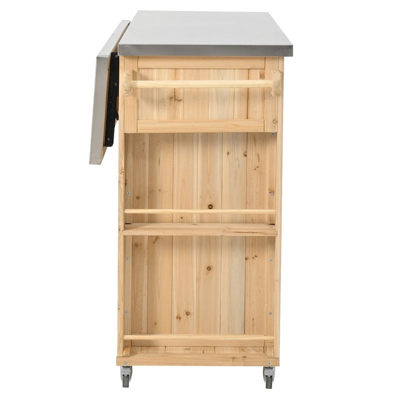 Isla de cocina exterior plegable de madera natural/negra/gris, 1 persona, madera de abeto y acero inoxidable