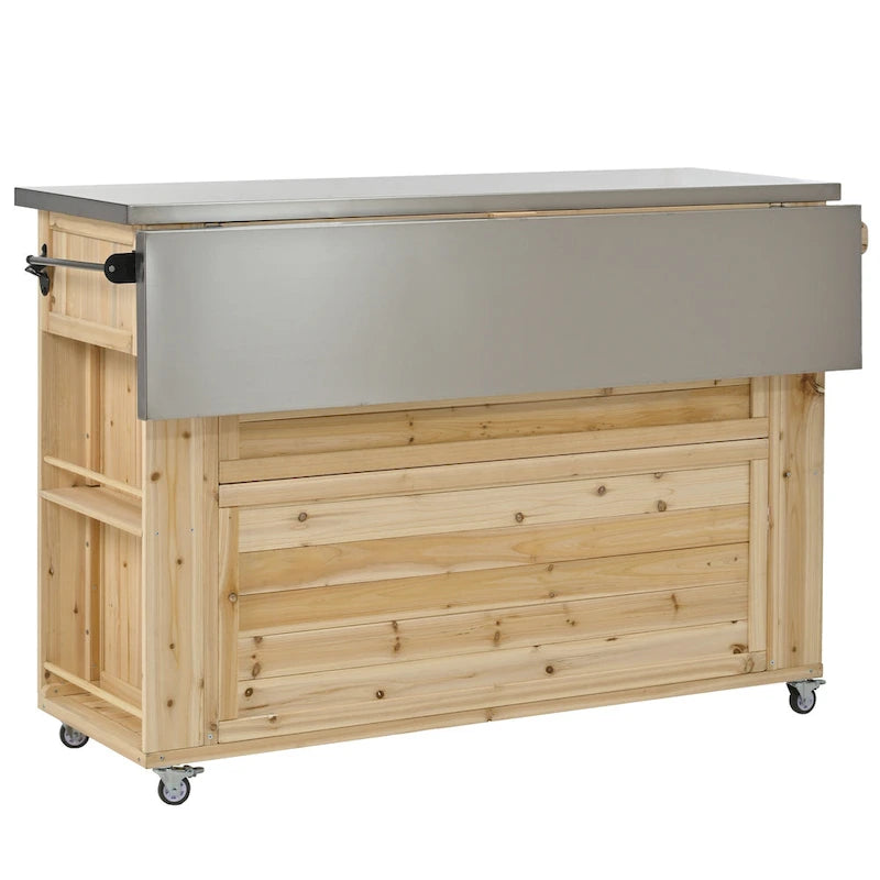 Isla de cocina exterior plegable de madera natural/negra/gris, 1 persona, madera de abeto y acero inoxidable