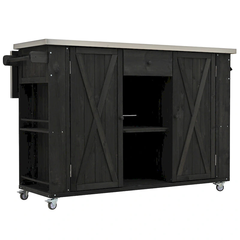 Isla de cocina exterior plegable de madera natural/negra/gris, 1 persona, madera de abeto y acero inoxidable