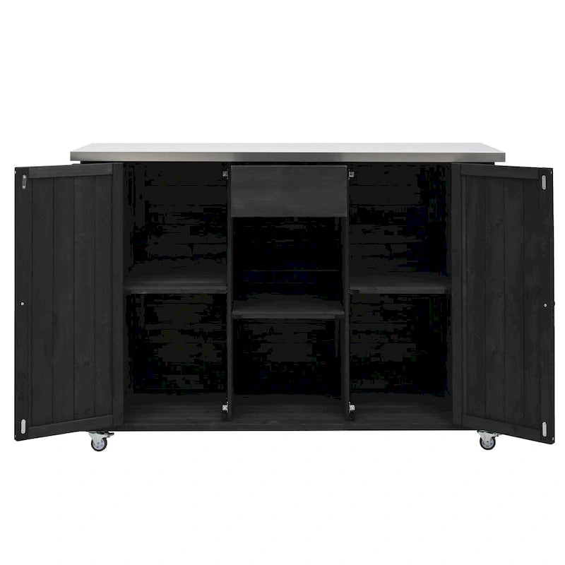 Isla de cocina exterior plegable de madera natural/negra/gris, 1 persona, madera de abeto y acero inoxidable