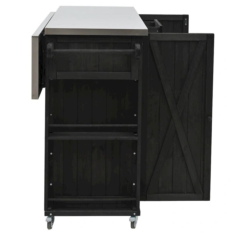 Isla de cocina exterior plegable de madera natural/negra/gris, 1 persona, madera de abeto y acero inoxidable