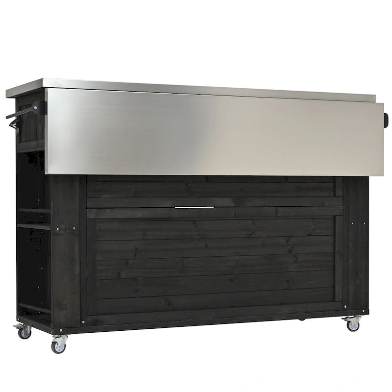 Isla de cocina exterior plegable de madera natural/negra/gris, 1 persona, madera de abeto y acero inoxidable