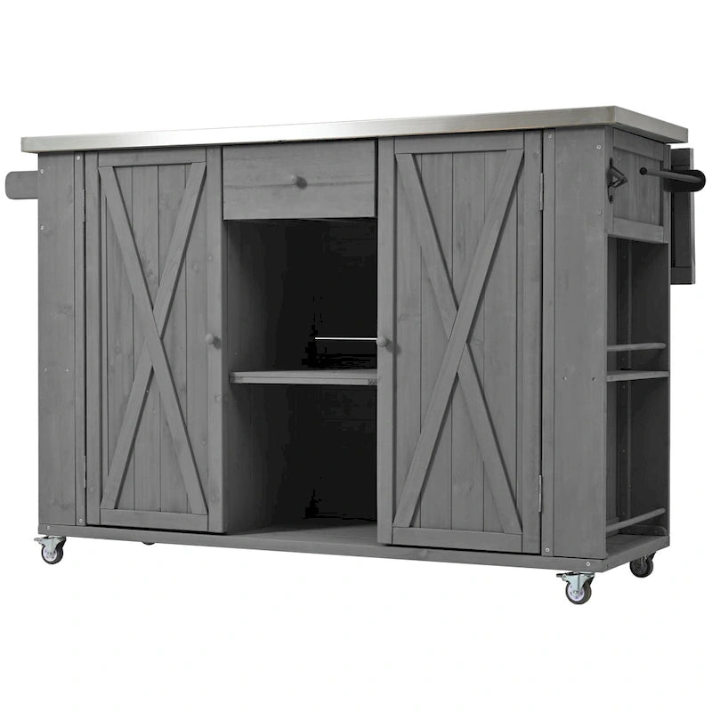 Isla de cocina exterior plegable de madera natural/negra/gris, 1 persona, madera de abeto y acero inoxidable