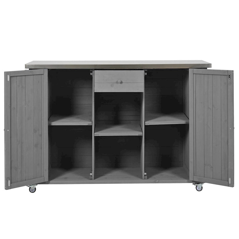 Isla de cocina exterior plegable de madera natural/negra/gris, 1 persona, madera de abeto y acero inoxidable