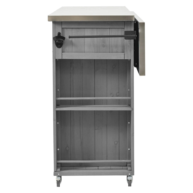 Isla de cocina exterior plegable de madera natural/negra/gris, 1 persona, madera de abeto y acero inoxidable