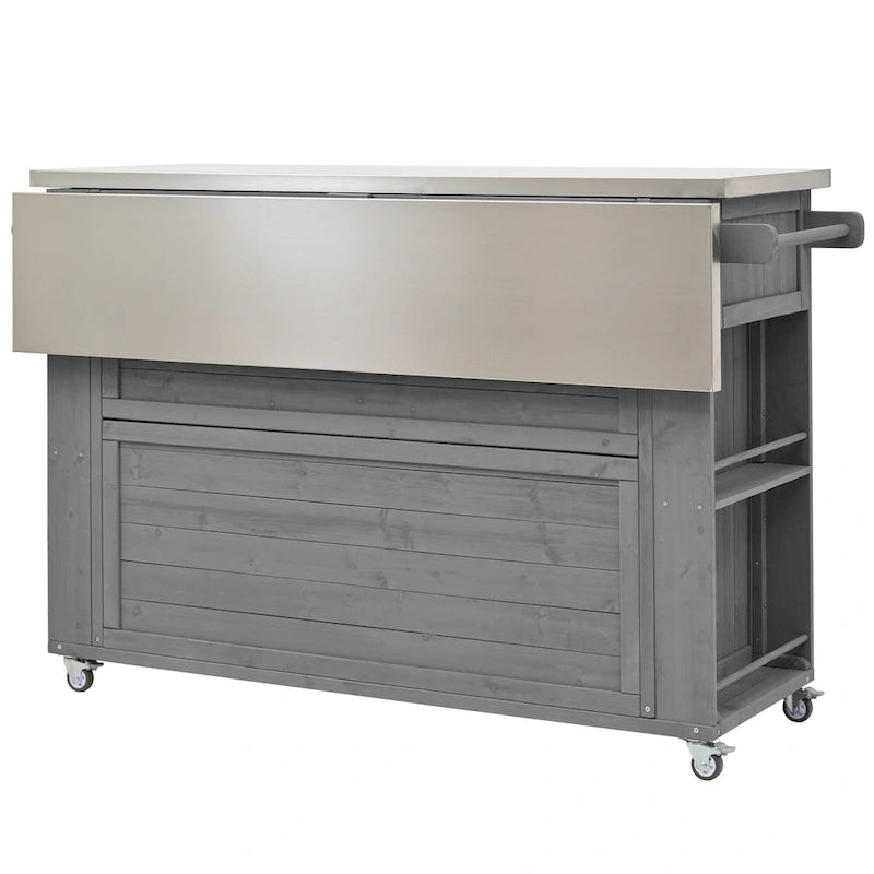 Isla de cocina exterior plegable de madera natural/negra/gris, 1 persona, madera de abeto y acero inoxidable