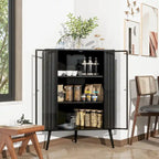 Gabinete esquinero negro antiguo de 3 niveles con puertas de vidrio templado y estructura de metal