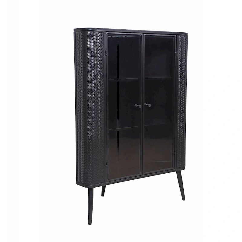 Gabinete esquinero negro antiguo de 3 niveles con puertas de vidrio templado y estructura de metal
