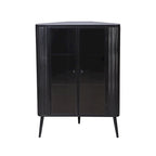 Gabinete esquinero negro antiguo de 3 niveles con puertas de vidrio templado y estructura de metal