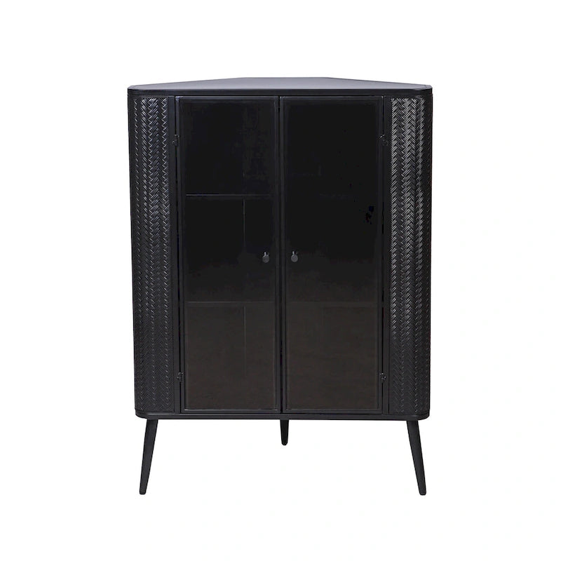 Gabinete esquinero negro antiguo de 3 niveles con puertas de vidrio templado y estructura de metal