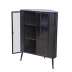 Gabinete esquinero negro antiguo de 3 niveles con puertas de vidrio templado y estructura de metal
