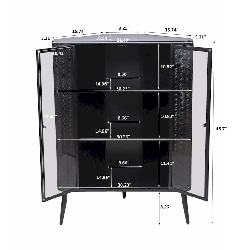 Gabinete esquinero negro antiguo de 3 niveles con puertas de vidrio templado y estructura de metal