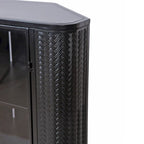 Gabinete esquinero negro antiguo de 3 niveles con puertas de vidrio templado y estructura de metal