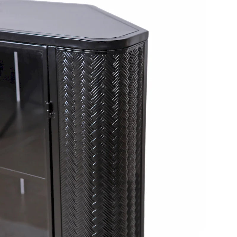 Gabinete esquinero negro antiguo de 3 niveles con puertas de vidrio templado y estructura de metal