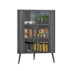 Gabinete esquinero negro antiguo de 3 niveles con puertas de vidrio templado y estructura de metal