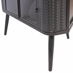 Gabinete esquinero negro antiguo de 3 niveles con puertas de vidrio templado y estructura de metal