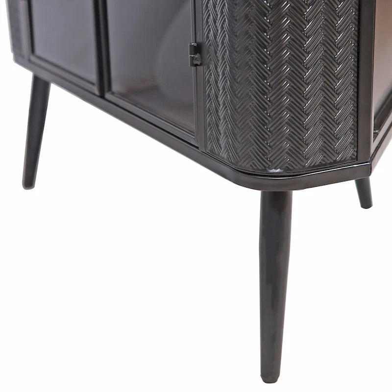 Gabinete esquinero negro antiguo de 3 niveles con puertas de vidrio templado y estructura de metal